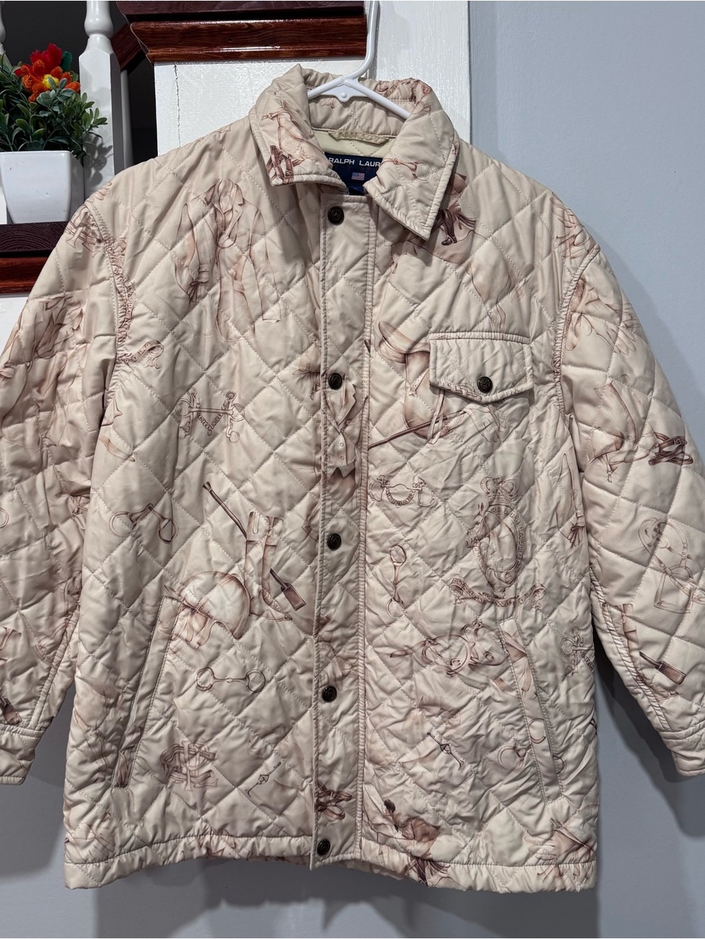 Vintage Ralph Lauren Quilted Cream Jacket with Brown Equestrian Print
